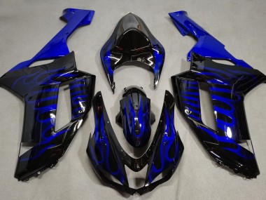 2007-2008 Gloss Black & Blue Flame Kawasaki ZX6R Motorcycle Fairing UK